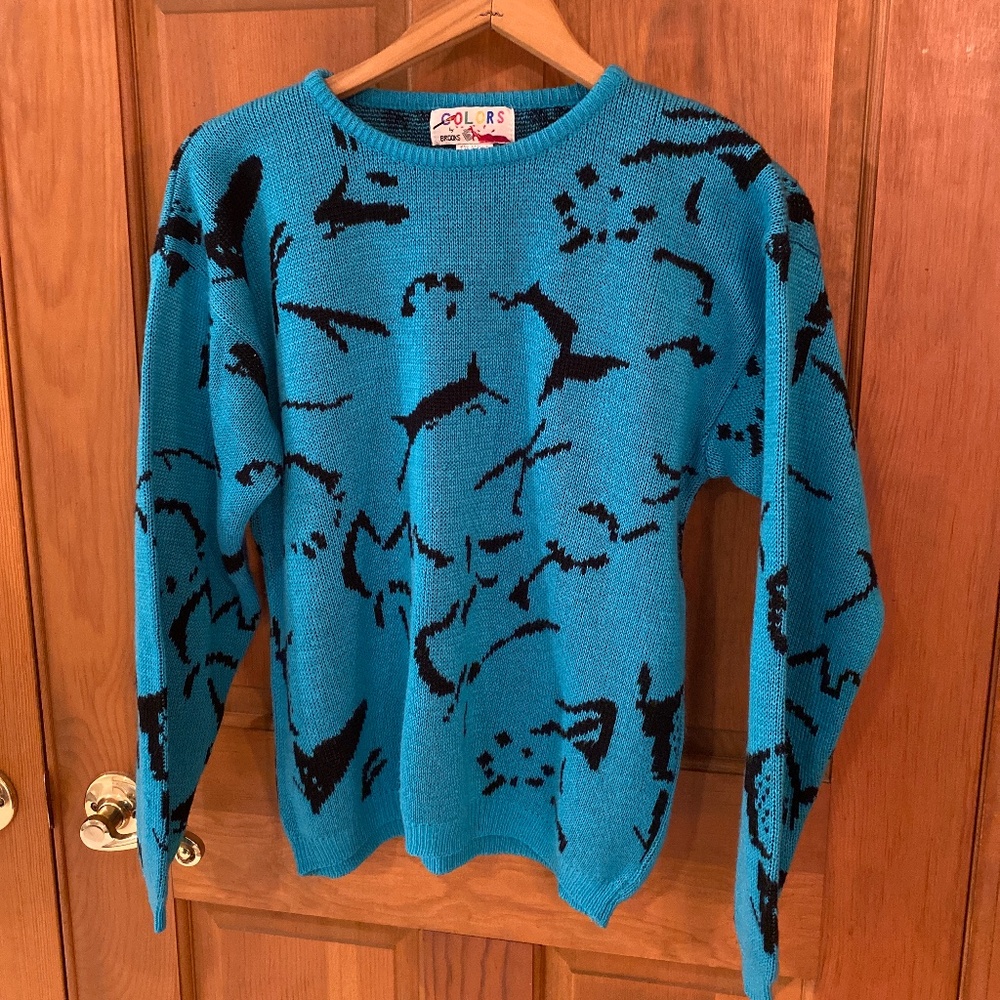 Colors by Brooks Vintage Size Small Blue Sweater with Black Design